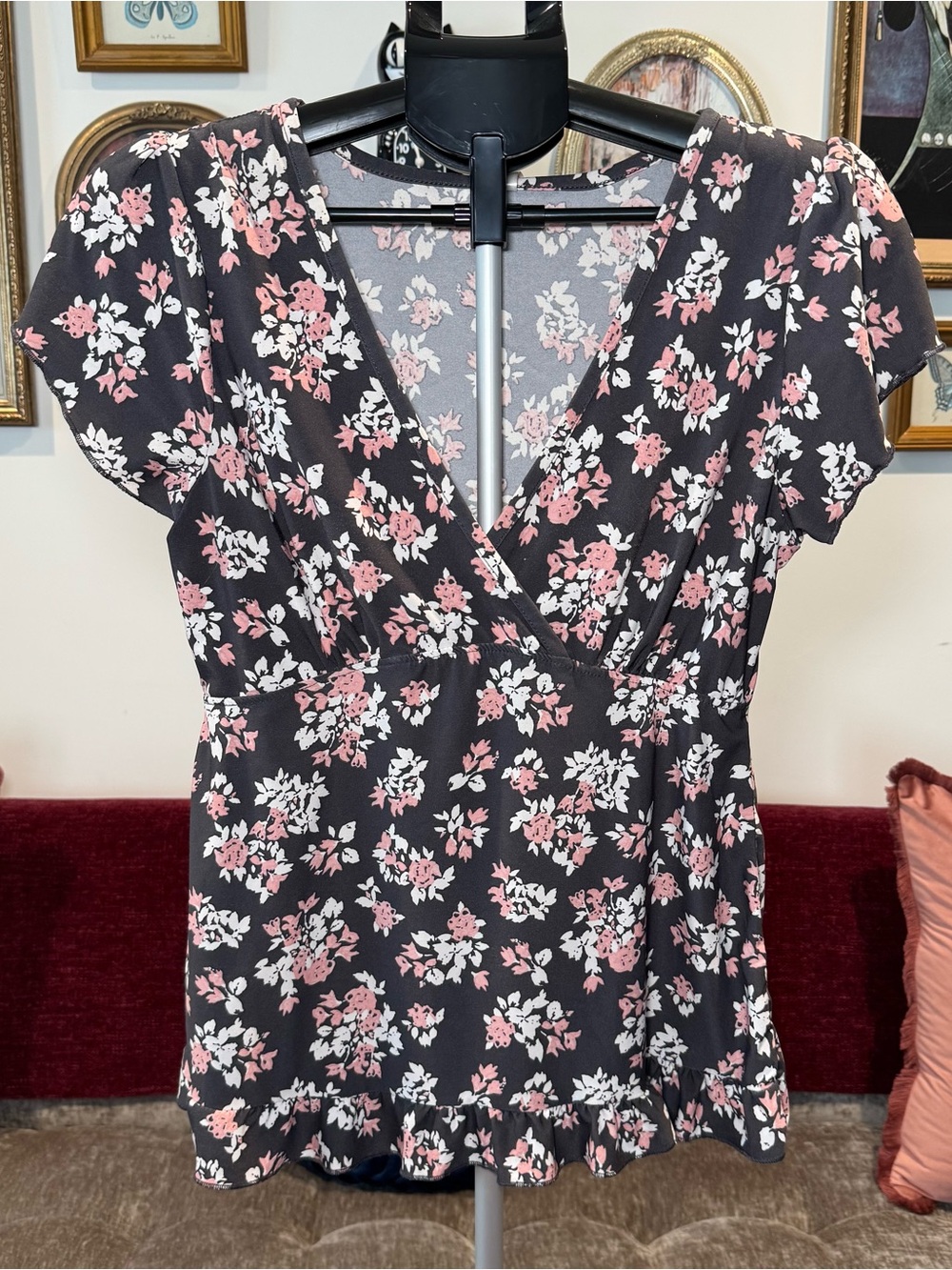 Grey Babydoll Floral Blouse with Pink & White Flowers